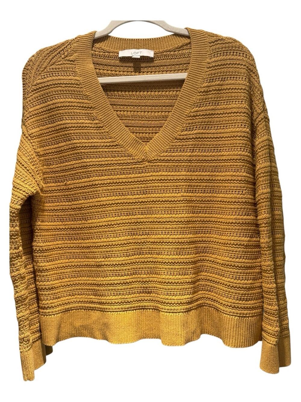 LOFT Marigold Yellow 100% Cotton Open Knit V-Neck Sweater Size L Fall Minimalist